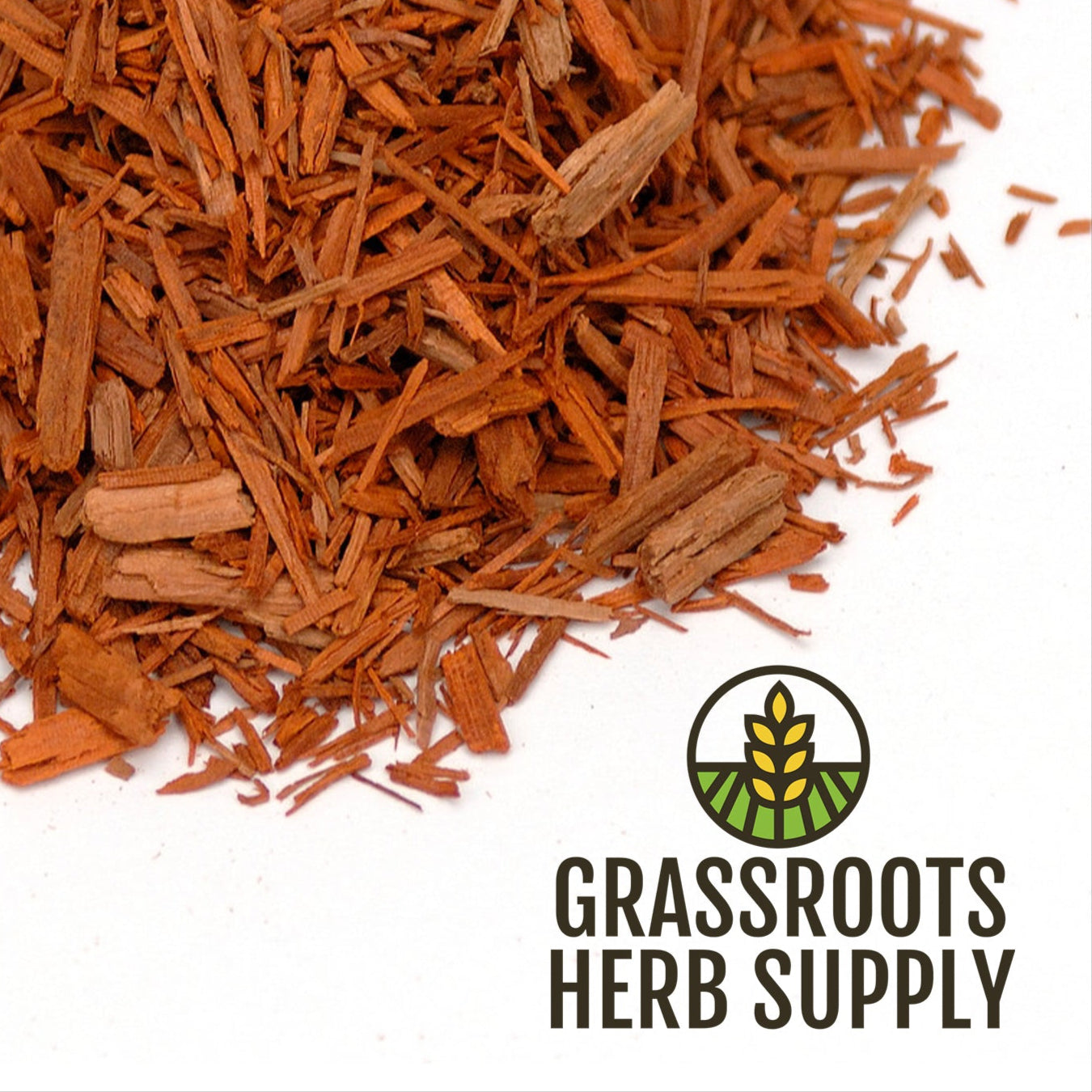 Dried wood on a white background with Grassroots Herb Supply logo.
