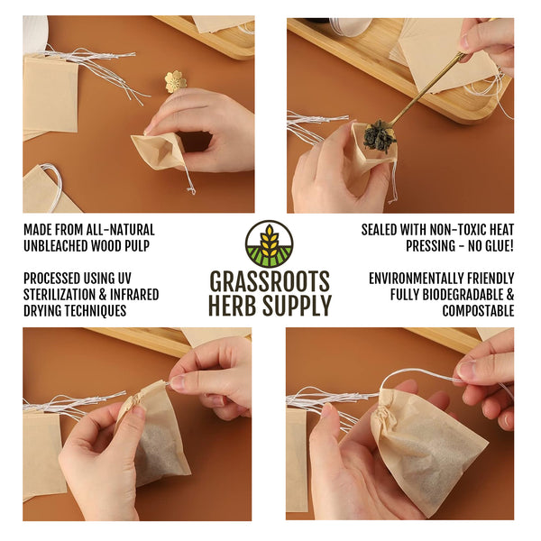Unbleached Disposable Tea Filter Bags with Drawstring | All Natural Compostable Loose Leaf Tea Bags | Non Toxic | Environmentally Friendly