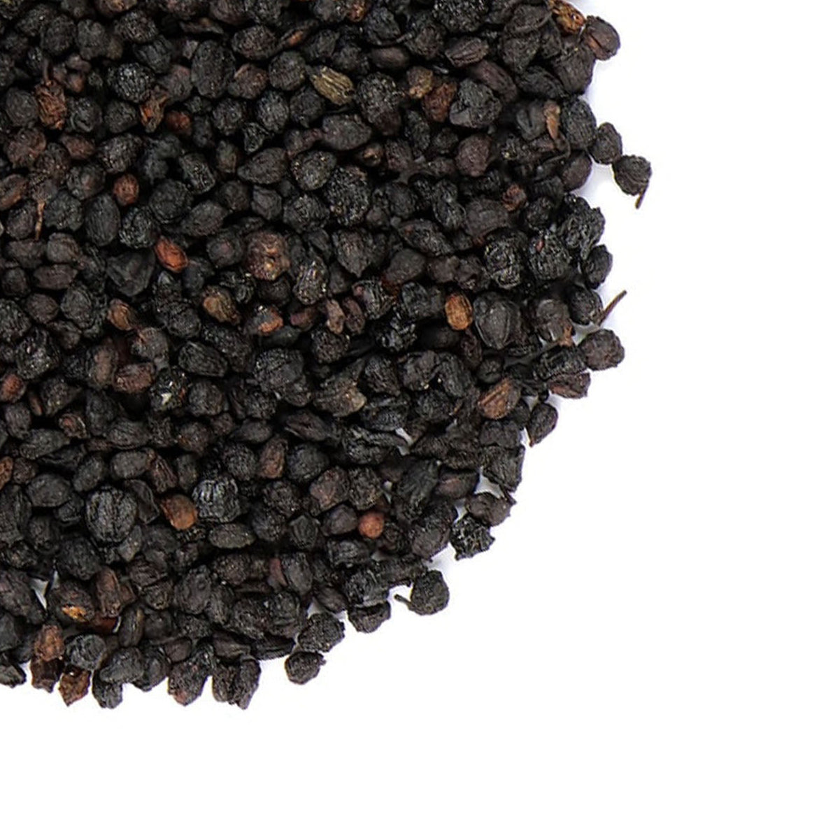 Black berries on a white background with Grassroots Herb Supply logo.
