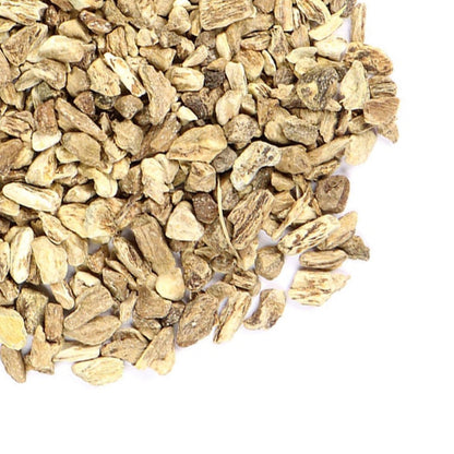 A close-up of dried Elecampane root pieces on a white background with the Grassroots Herb Supply logo.