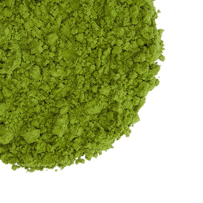 Green powder in a circular arrangement with Grassroots Herb Supply logo.