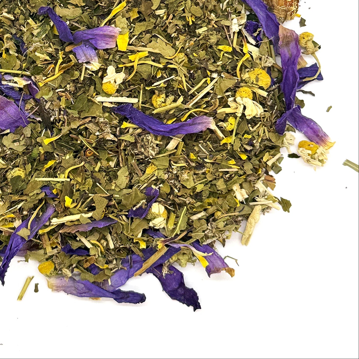 Herbal mix with purple and yellow flowers on a white background, branded as Grassroots Herb Supply.
