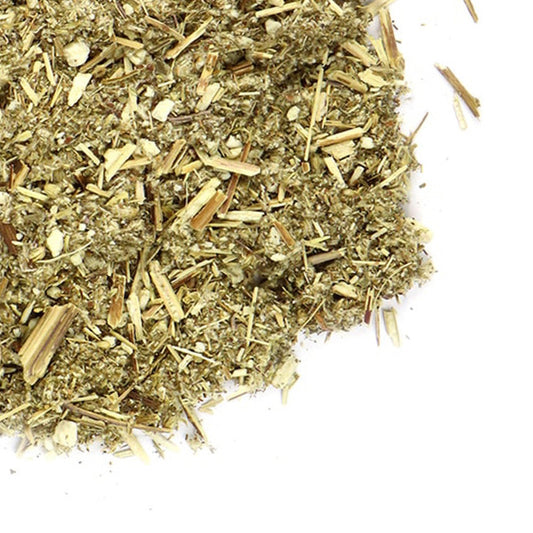Dried herbs on a white background with Grassroots Herb Supply logo.