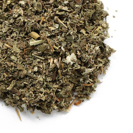 Dried herbs on a white background with Grassroots Herb Supply logo.