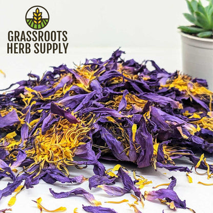 Purple and yellow dried herb mix with Grassroots Herb Supply logo on a white background