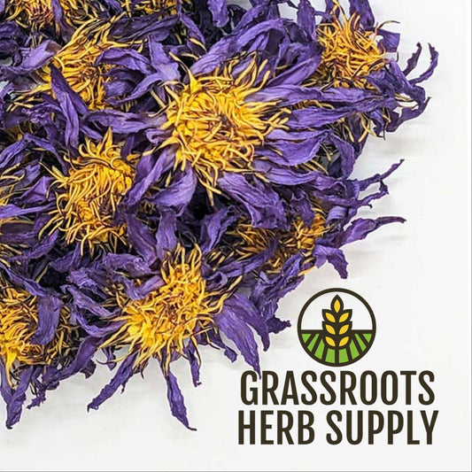 Purple flowers with yellow centers on a white background, branded with Grassroots Herb Supply.