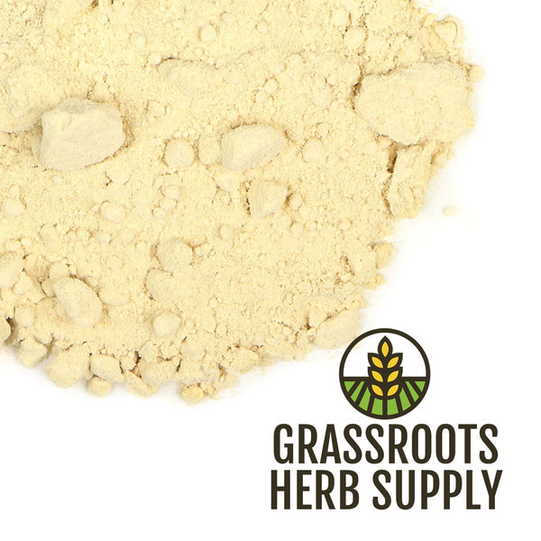 Beige powder with Grassroots Herb Supply logo on a white background